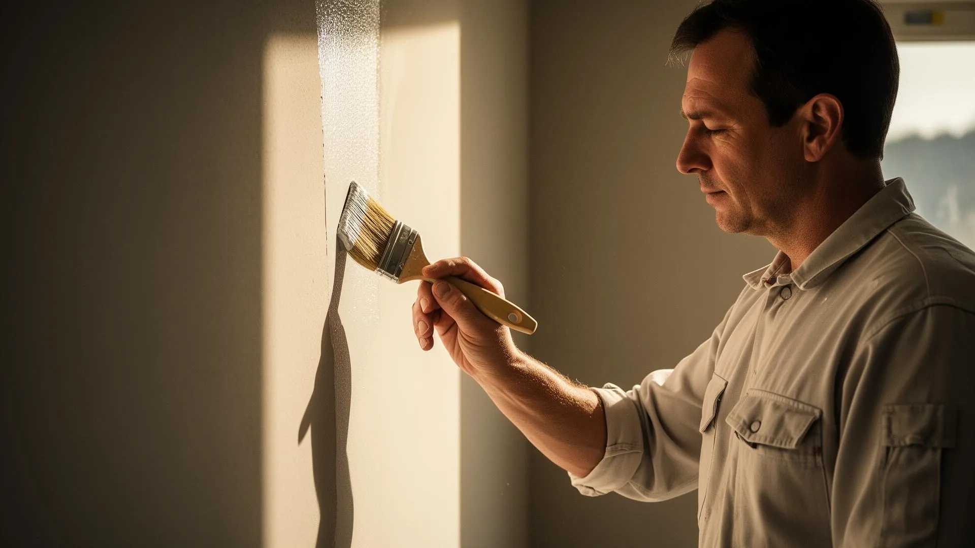 Experienced painter carefully cutting in a wall edge in warm natural light