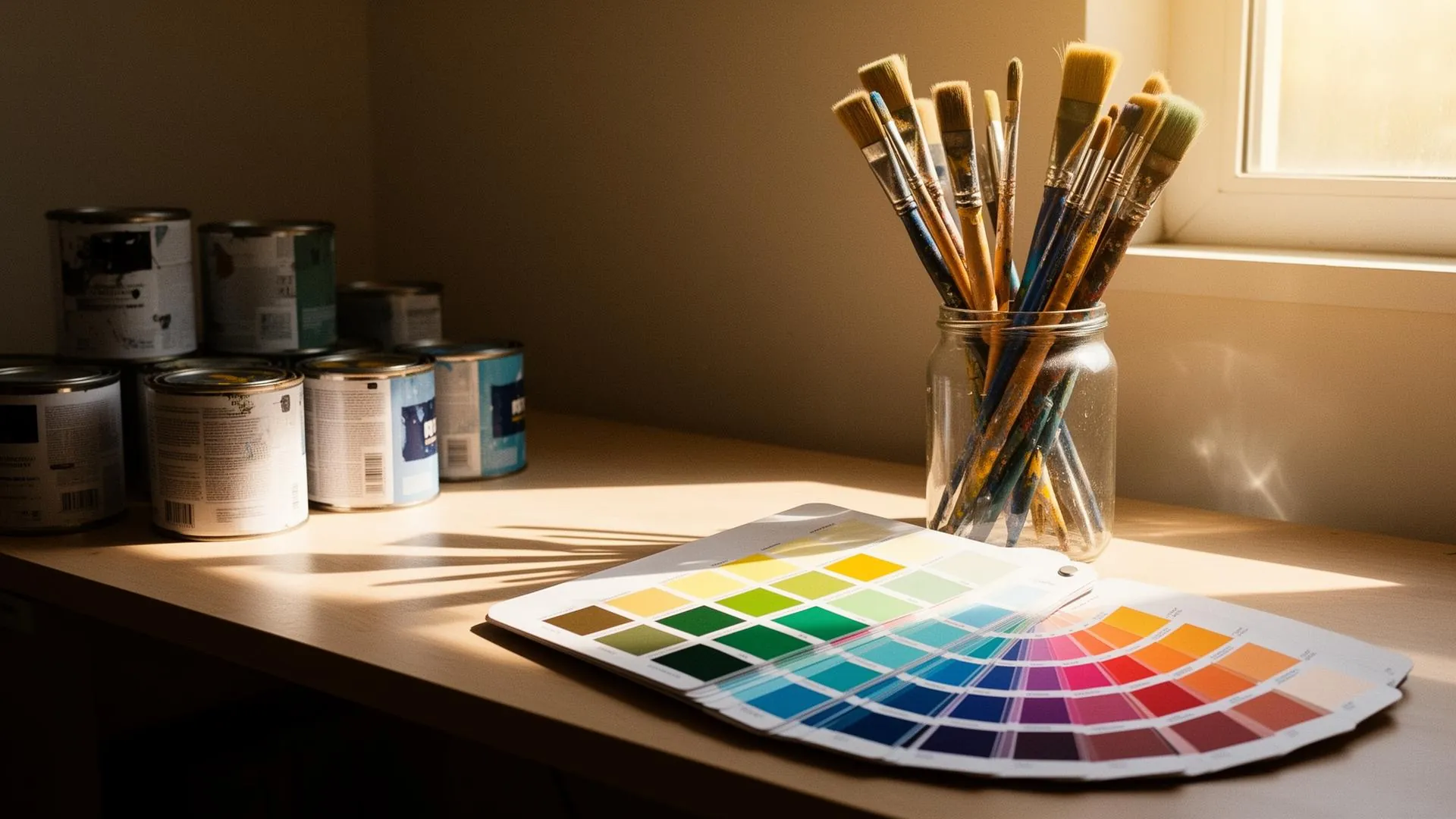 Paint brushes and a color fan deck on a desk in soft natural light