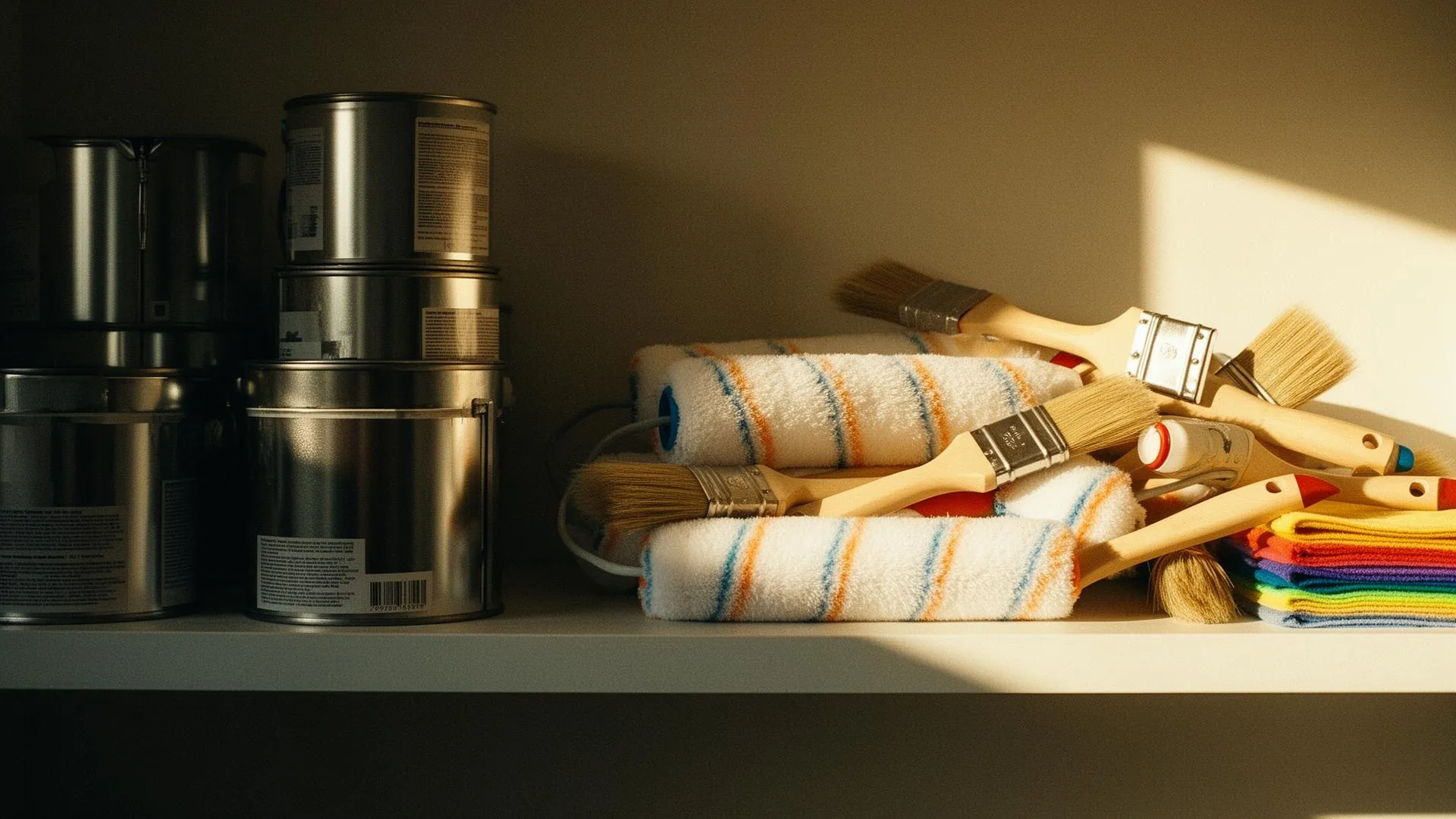 Neatly arranged paint cans, rollers and brushes on a shelf