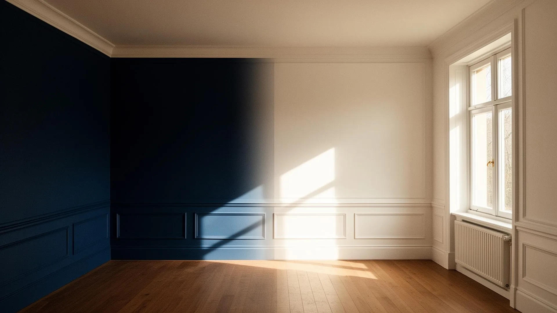 Freshly painted home interior with navy accent wall and bright sunlight