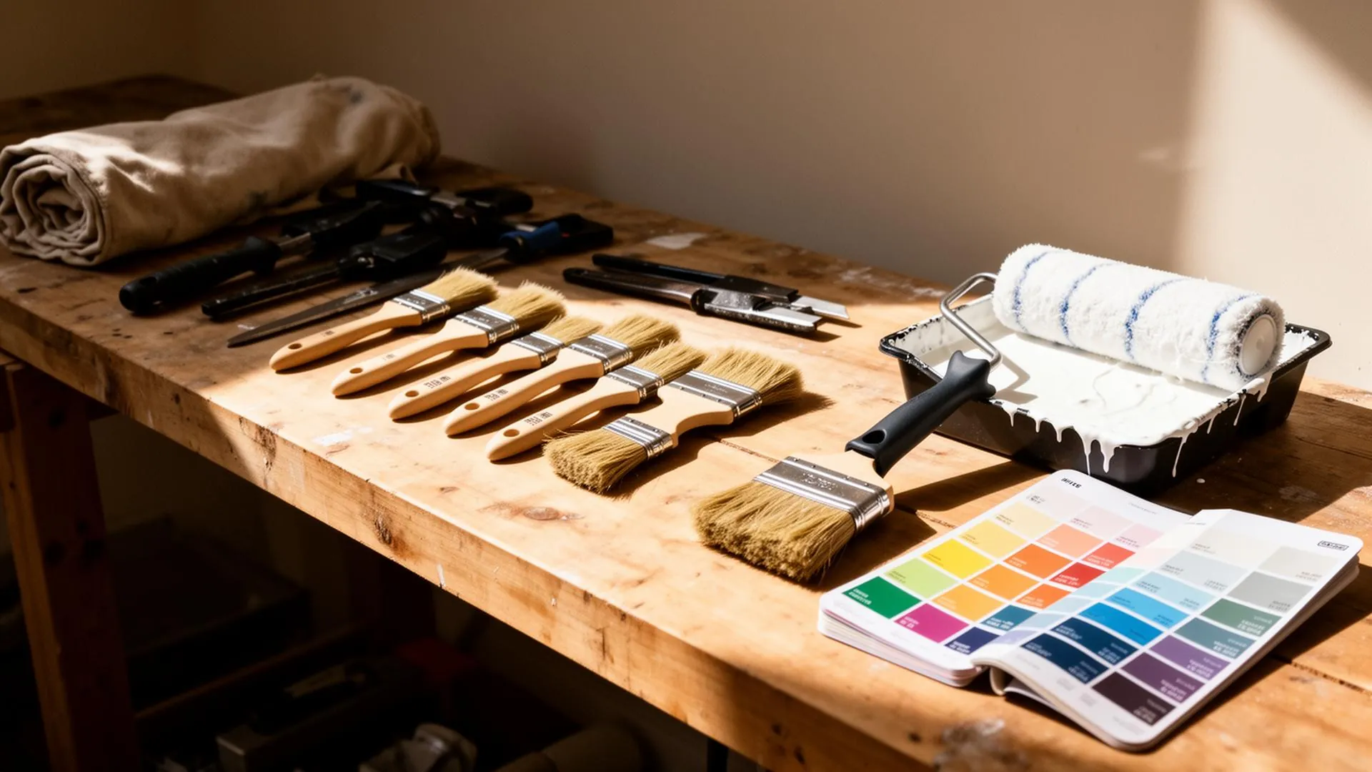 Professional painting tools and color fan deck on a sunlit workbench