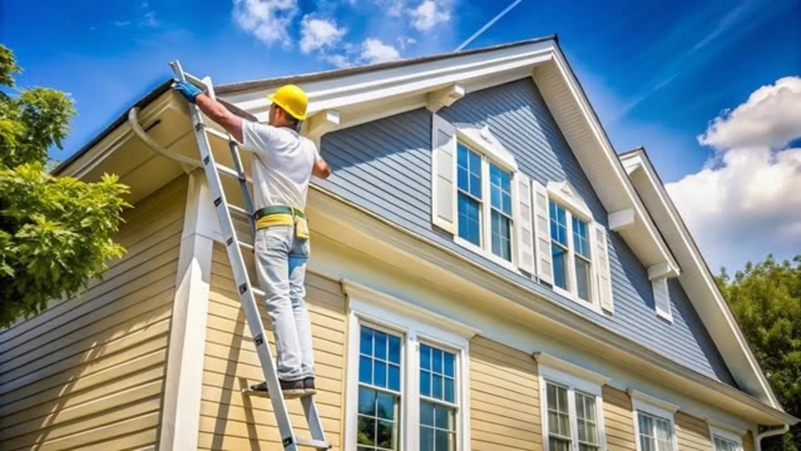 Painter coating exterior siding on a residential home
